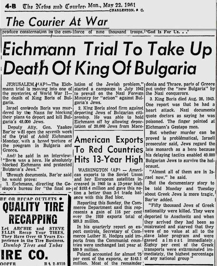 Eichmann Trial, The News and Courier, May 22, 1961