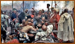 Kozakos eskriviendo una letra al Sultan otomano, Memet VI, ke les avia demandado de rendersen a su armada, i burlandosen del Sultan  ototomano