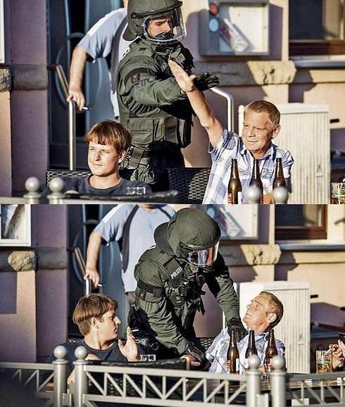 La reacción de un policía alemán ante un saludo nazi