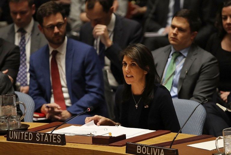 La embajadora de los Estados Unidos ante las Naciones Unidas, Nikki Haley, habla en el Consejo de Seguridad el 14 de marzo de 2018 en la sede de la ONU en la ciudad de Nueva York. (Spencer Platt / Getty Images / AFP)