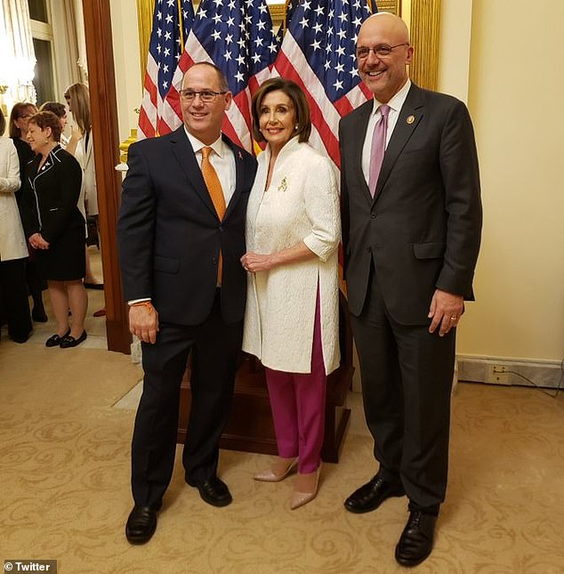 Parkland High School victim father Fred Guttenberg (left) pictured with Nancy Pelosi (center)  and U.S. Rep. Ted Deutch (right) before the State of the Union - Guttenberg was Pelosi's guest