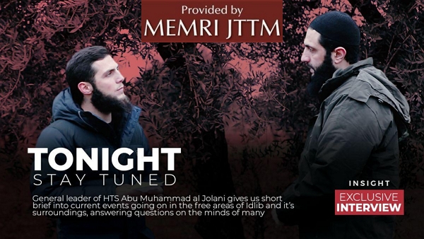 El póster anterior promueve una entrevista que el líder de HTS, Abu Muhammad Al-Joulani (derecha), le concedió al periodista pro-rebelde turco Abdussamed Dagül (izquierda).