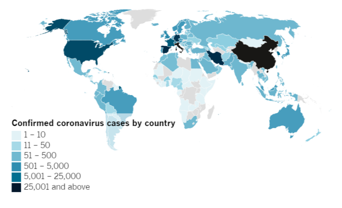 Confirmed COVID-19 cases by country as of 6 p.m. Friday. Click to see the L.A. Times COVID-19 tracker. <span class="copyright">(Compiled by L.A. Times Graphics from the Centers for Disease Control and Prevention, Johns Hopkins CSSE, California Department of Public Health and reports from county public health officials.)</span>