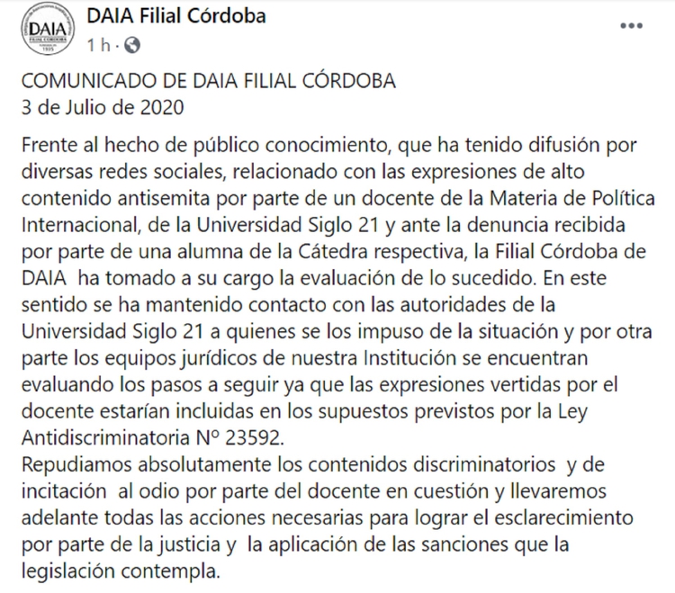 El comunicado de la DAIA de Córdoba