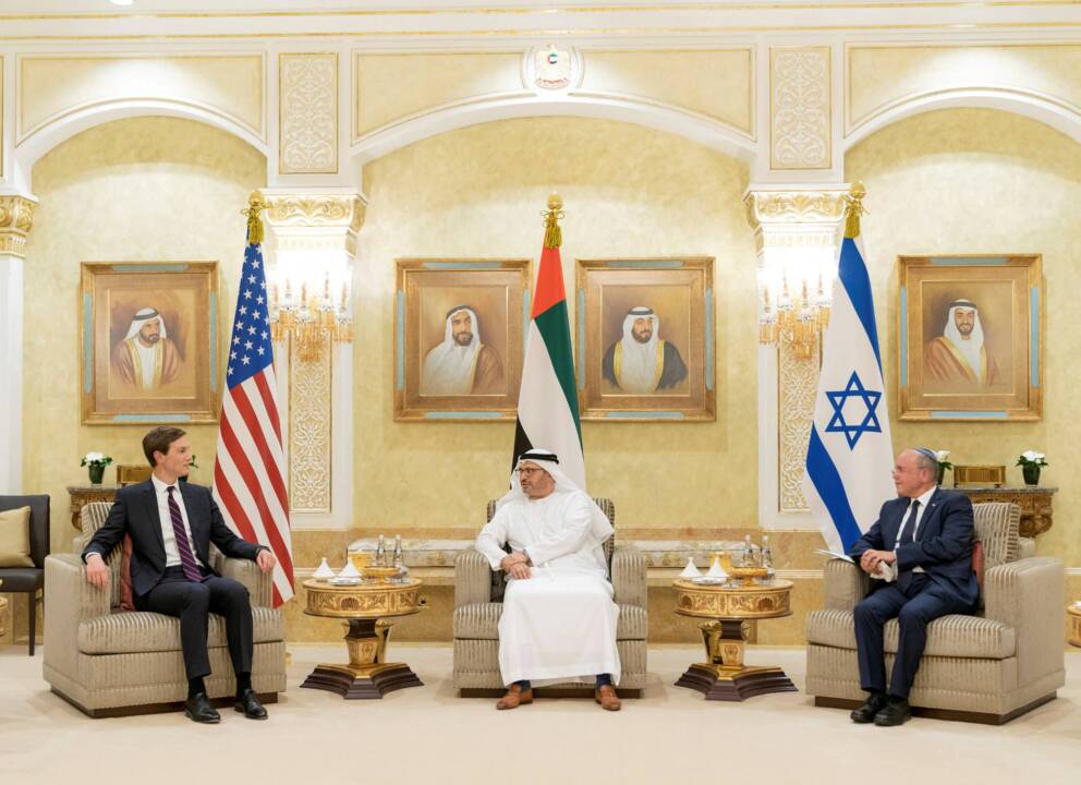 Israeli National Security Adviser Meir Ben-Shabbat, Jared Kushner and the UAE's Foreign Minister Anwar Gargash hold a meeting in Abu Dhabi, August 31, 2020.