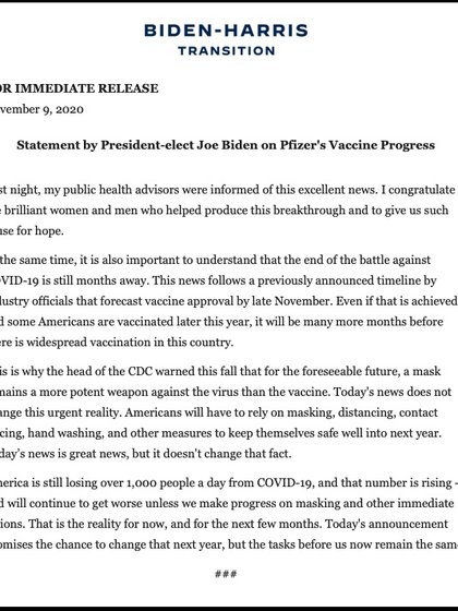 El comunicado de Biden sobre el anuncio de Pfizer