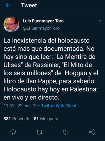 Uno de los mensajes publicados por Luis Fuenmayor Toro, el funcionario designado por la dictadura de Nicolás Maduro para integrar el CNE de Venezuela que niega el Holocausto
