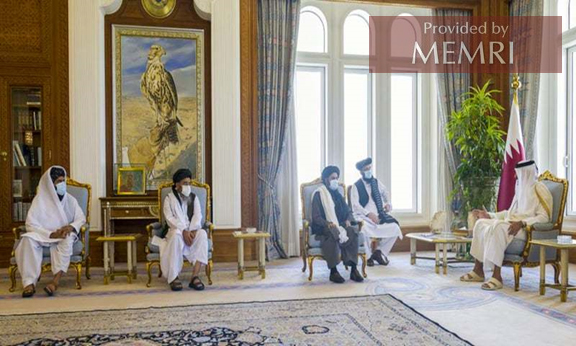 El delegado emir talibán afgano mulá Abdul Ghani Baradar se reúne con el emir qatarí Tamim bin Hamad Aal-Thani el día 13 de septiembre, 2020.[1] (Fuente: Agencia de Noticias de Qatar)