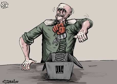 Caricatura en diario en la Autoridad Palestina: Prisioneros escapan de la prisión de Gilboa, una bofetada directa al rostro del ejército israelí (Al-Hayat Al-Jadida, Autoridad Palestina, 7 de septiembre, 2021)
