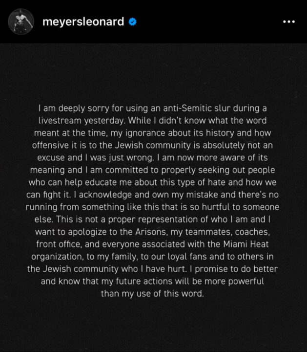 An apology posted by Meyers Leonard onto his Instagram on March 9.