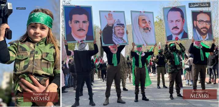 Desfile de estudiantes de Hamás: Chico con rifle de juguete; retratos de los líderes terroristas (Facebook.com/aysha.taweel.92, 14 de diciembre, 2021)