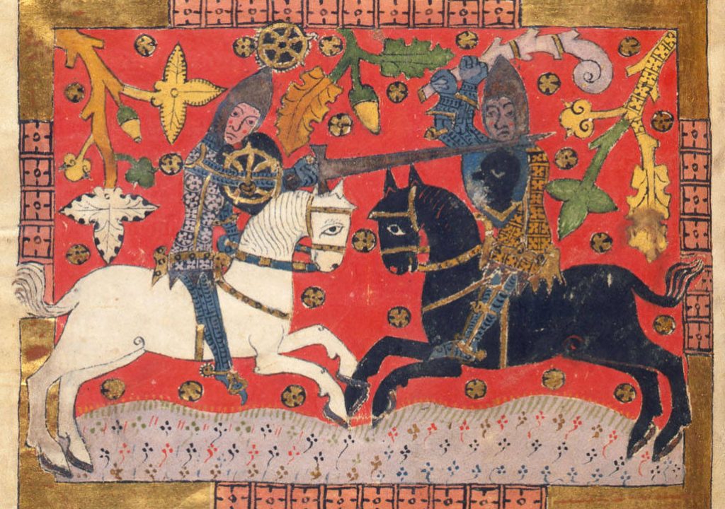Dos caballeros luchando a caballo, de un manuscrito iluminado