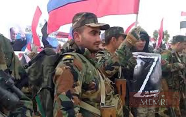 Posibles voluntarios sirios con banderas rusas y sirias y la Z (Za pobeda) como símbolo de victoria de las fuerzas rusas (Fuente: topcor.ru)