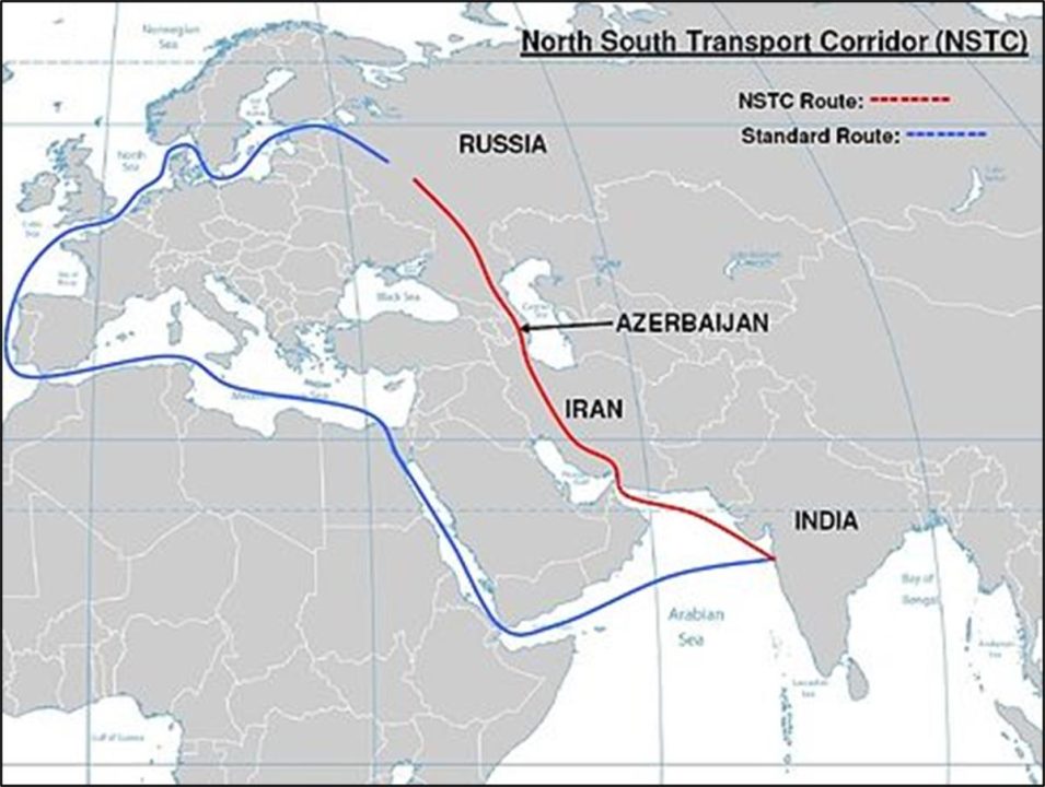 Rusia, Irán e India colaboran en edificar un corredor internacional (mapa: Wikipedia)