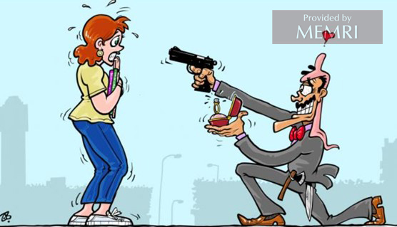 Caricatura en diario de Londres: Un individuo le propone matrimonio a una mujer a punta de pistola (Al-Arabi Al-Jadid, Londres, 26 de junio, 2022)