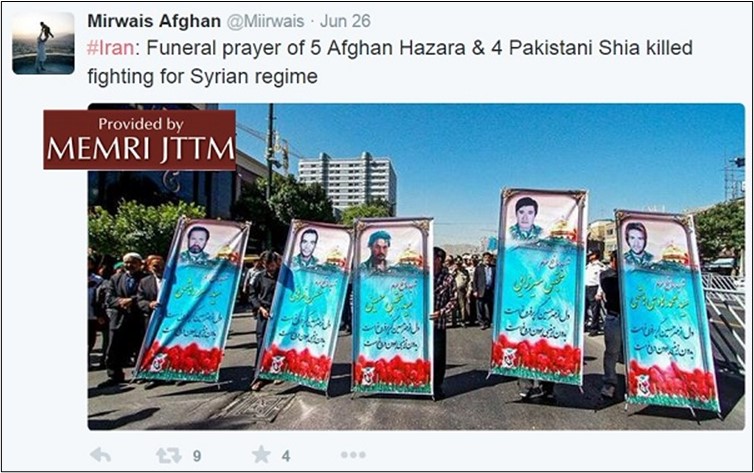 La periodista Mirwais Afghan tuiteó en el 2015 acerca del reclutamiento de afganos que realizaba Irán para combatir en Siria.
