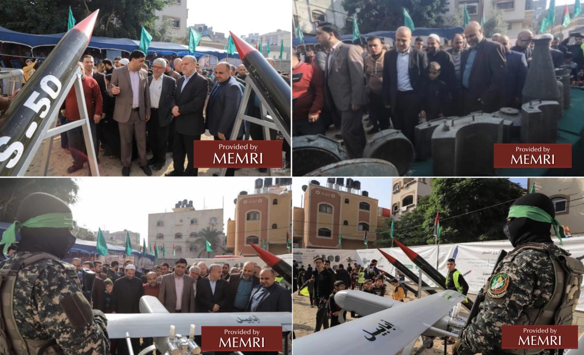 Altos miembros de Hamás Suheil Al-Hindi y Muhammad Abu 'Askar y el vocero de Hamás 'Abd Al-Latif Al-Qanou' en la exhibición de armas (Fuente: Hamas.ps, 9 de diciembre, 2022)