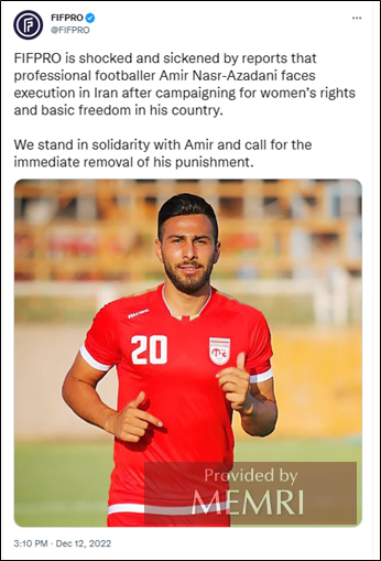 El futbolista Amir Nasr-Azadani en un tuit de FIFPRO, la Federación internacional de futbolistas profesionales, 12 de diciembre, 2022