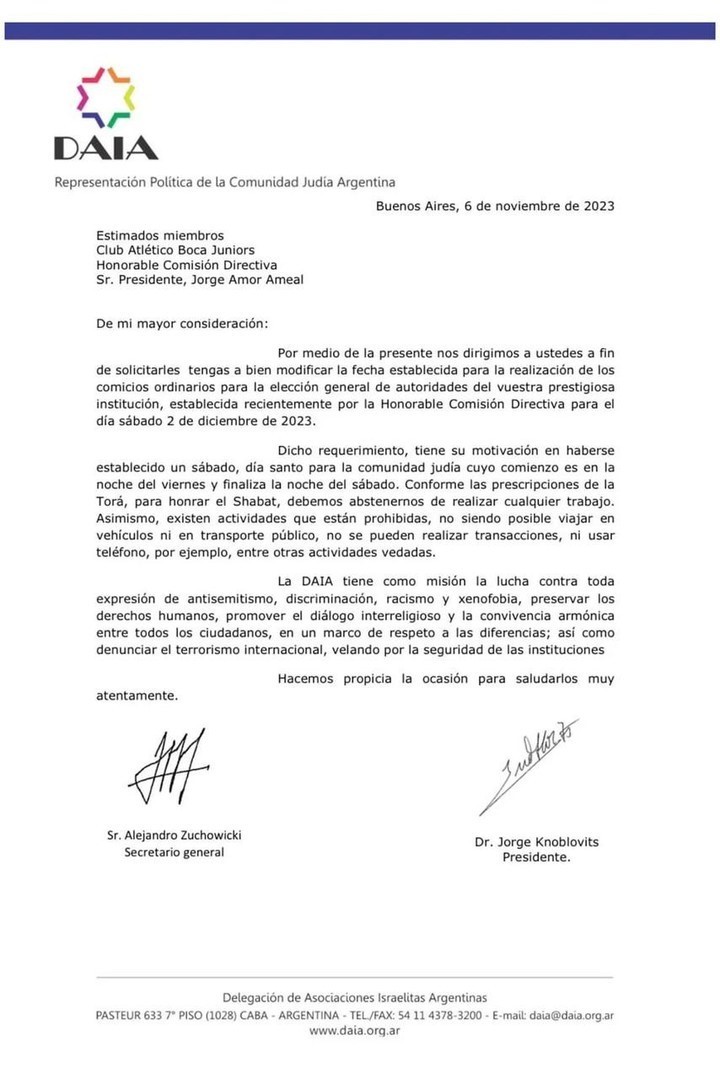 El comunicado de la DAIA en relación a las elecciones en Boca.