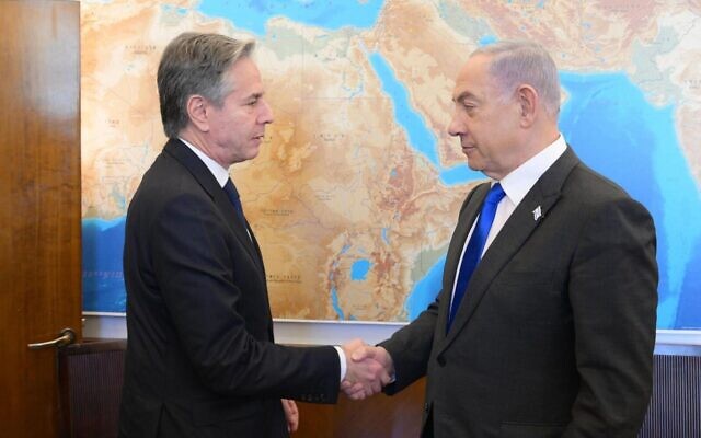 Archivo: El primer ministro Netanyahu se reúne con el secretario de Estado estadounidense Antony Blinken en Jerusalem, el 7 de febrero de 2024. (Amos Ben Gershom/GPO)